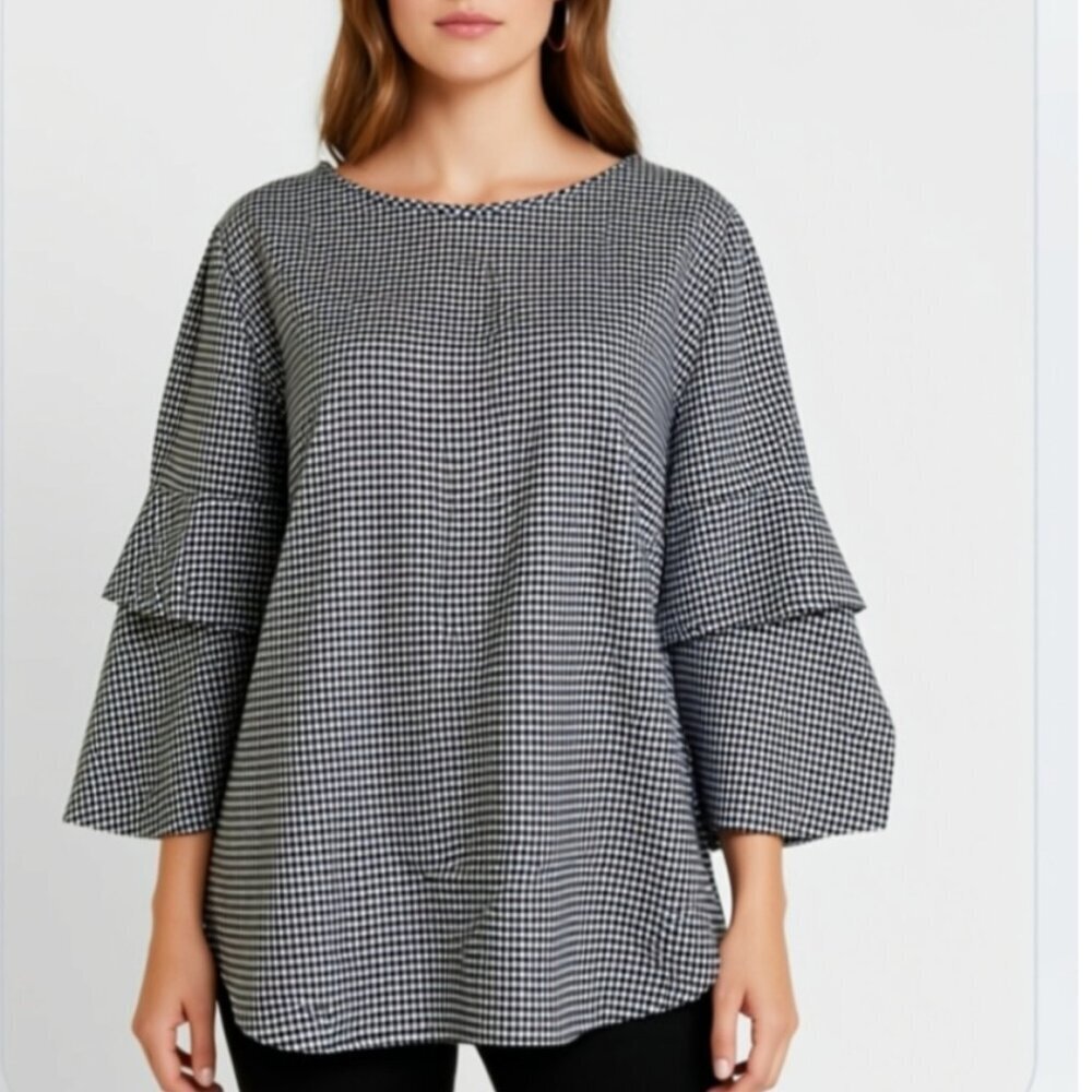 Van Heusen Women's Top Size XXL Large- Black White Gingham Bell Sleeve (A32)
